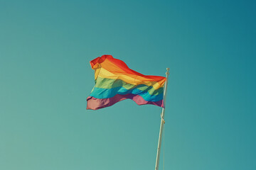 Pride flag waving against clear blue sky background