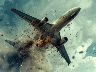 Airplane crash scene with debris flying in the air.
