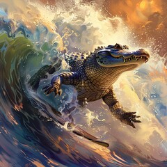 An alligator wakeboarding, Chomp snapping at the waves as it carves through the water , no contrast - obrazy, fototapety, plakaty