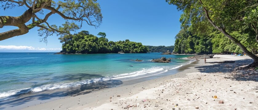   A sandy beach with clear blue water and tall trees on either side on a bright sunny day