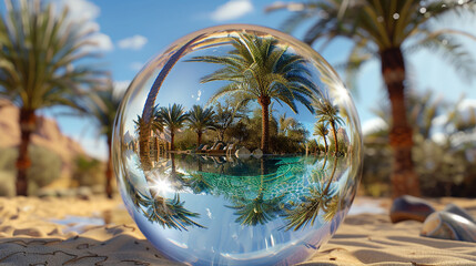 A tranquil oasis in the heart of the desert, featuring lush palm trees and shimmering pools, contained within a serene 3D glass globe.