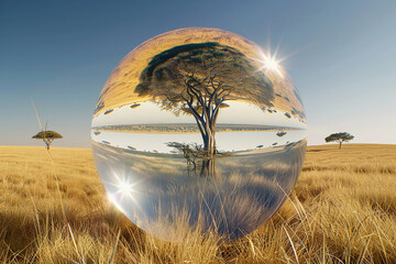 A vast savanna landscape enclosed in a globe of crystal-clear 3D glass, with golden grasslands...