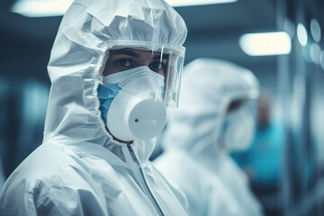 Closeup portrait of a dedicated laboratory worker wearing a white protective suit, a protective shield and a blue mask on a blurred background of the work area
