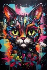 Cat_ in_ a_ mixture of graffiti, maximalism, wildstyle styles.