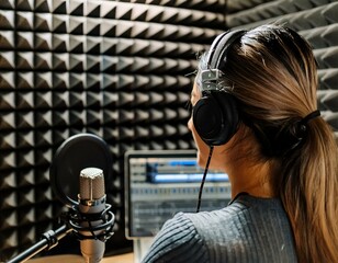 Crafting Clarity: Woman Prepares for Voice Recording in Soundproof Environment