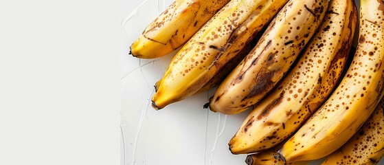   A group of ripe bananas positioned on a white kitchen surface beside a collection of green bananas - obrazy, fototapety, plakaty