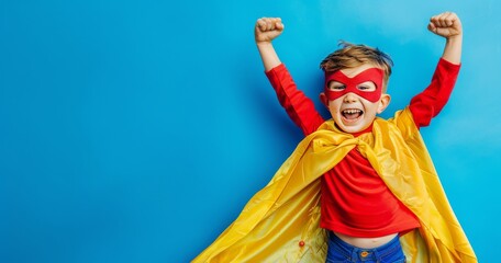 child wearing Superman clothes on a blue background