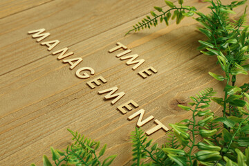 Text TIME MANAGEMENT with plant on wooden background