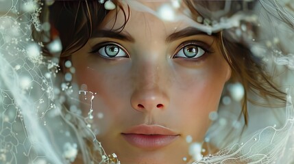 A realistic and detailed image of a woman with a serene expression, her face framed by delicate lace The portrait emphasizes subtle beauty, captured in 16k, realistic, full ultra HD, high resolution