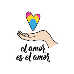 Pansexual Pride Flag. Love is love - in Spanish. Lettering. Ink illustration. Modern brush calligraphy. El amor es el amor. LGBTQ symbols.