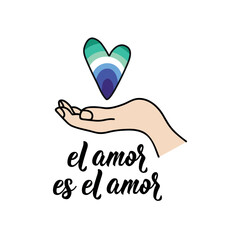 Gay Men Pride Flag. Love is love - in Spanish. Lettering. Ink illustration. Modern brush calligraphy. El amor es el amor. LGBTQ symbols.