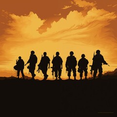 Soldiers silhouettes on sunset sky background
