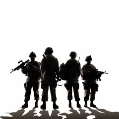 Troop of soldiers silhouette, military men in black and white, warrior in the war.
 - obrazy, fototapety, plakaty
