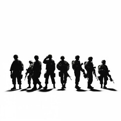 Troop of soldiers silhouette, military men in black and white, warrior in the war.
 - obrazy, fototapety, plakaty