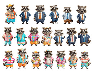 Cartoon 3D raccoon in summer clothes: business, casual, cool,  Set of isolated clipart on transparent background for print, stickers, cards, web.