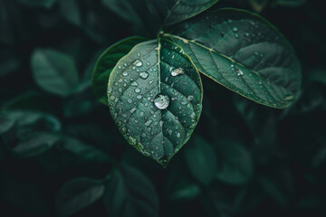 Raindrops on dark green leaves, serene nature background
