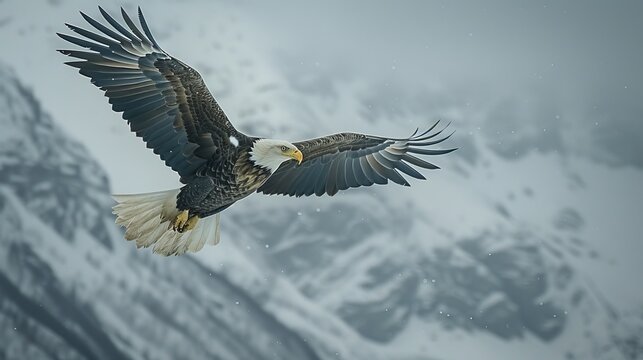 Bald eagle soaring over snowy mountains with realism and detail in high quality image
