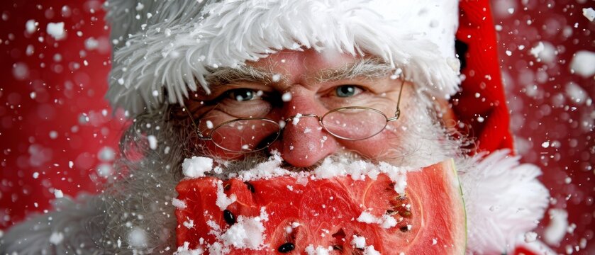   A close-up photo of someone in a Santa hat holding a watermelon slice in front of their face