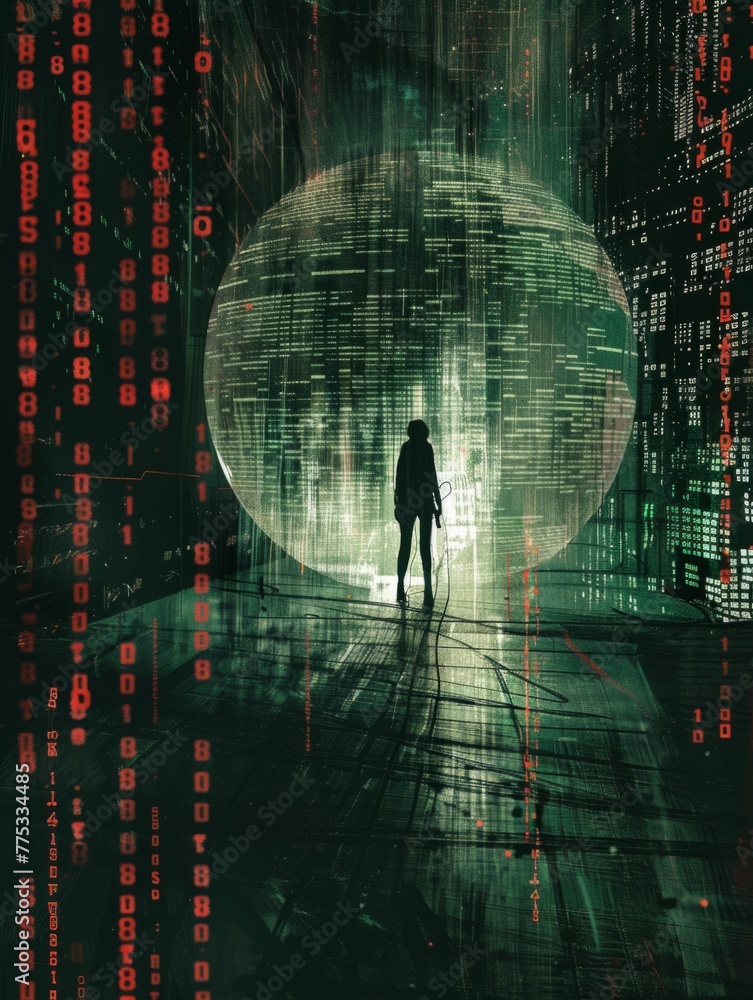Poster silhouette of a person facing a digital globe - digital cyber concept with a human silhouette standi