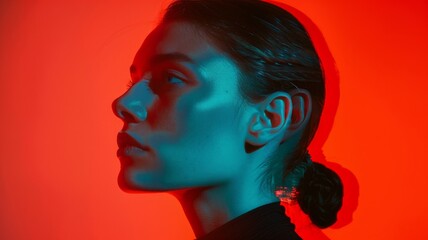 Profile silhouette with blank face and red background - This compelling image displays a profile portrait with a blanked-out face against a red backdrop