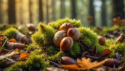 beautiful acorns in the autumn forest close-up nature - obrazy, fototapety, plakaty
