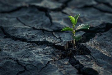 Green plant sprouting in cracked soil, symbolizing ecosystem restoration