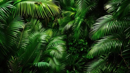 green palms and plant around in green background