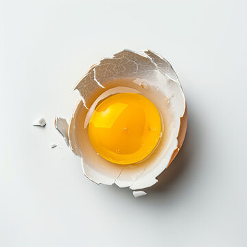 Cracked open egg shell containing a yellow yolk inside on a white background with copy space for text. This stock photo was the winner of a contest, featuring high resolution professional photography 