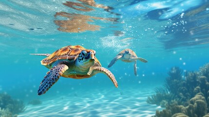Two turtles are swimming in the ocean. The water is clear and blue, and there are small bubbles floating up. The ocean floor is covered in coral and sponges. - obrazy, fototapety, plakaty