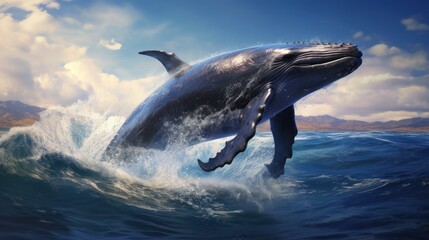 A whale jumps out of the water with a mountain range in the background. The sky is blue with white clouds.
