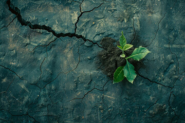 Young plant emerging from dark cracked terrain, ecosystem resilience theme