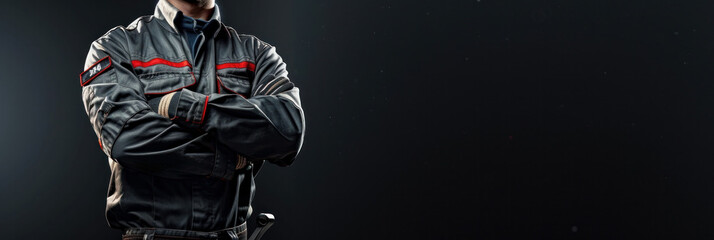 Close up of a mechanic standing with crossed arms on a dark background 