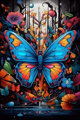 butterfly in a mixture of graffiti, maximalism, wildstyle styles