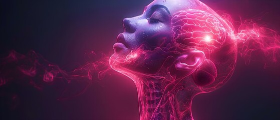Detailed view of a man's throat anatomy illuminated by neon lighting, perfect for medical tutorials and educational purposes. Concept Throat Anatomy, Neon Lighting, Medical Tutorial - obrazy, fototapety, plakaty