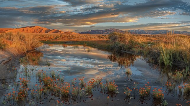 Surreal desert mirage oasis at magic hour in high resolution hdr photo for maximum realism