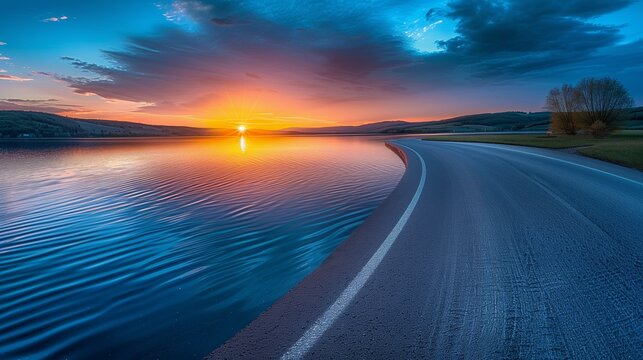 An enchanting view where a smooth road runs parallel to a serene lake under the spell of sunset.