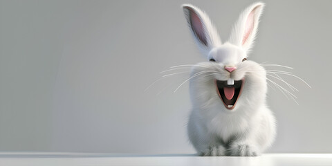 There is a white rabbit with a big smile on its face