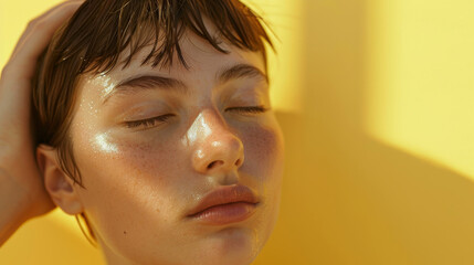 Young woman enjoying sunlight with closed eyes and a serene expression