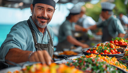 Middle aged Smiling Chef cook dressed uniform preparing vegetable dishes food on open air beach...