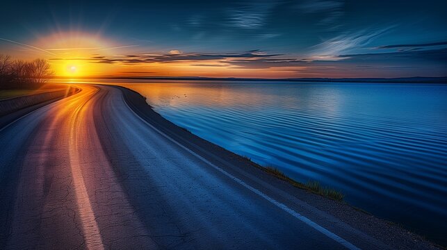 An enchanting view where a smooth road runs parallel to a serene lake spell of sunset.