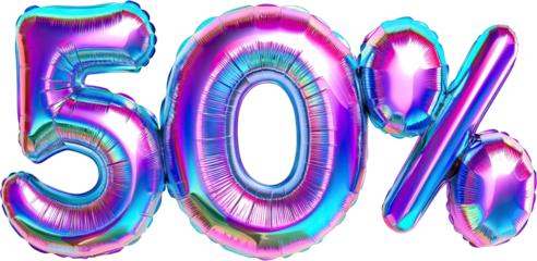 50% balloon letters with confetti, concept of sale celebration and product promotion, element on transparent background