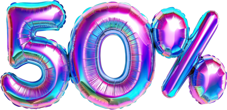 50% balloon letters with confetti, concept of sale celebration and product promotion, element on transparent background - Powered by Adobe