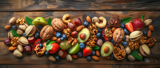 A vibrant display of nuts and fresh fruits, offering wholesome nutrition and delicious flavors for a healthier lifestyle - obrazy, fototapety, plakaty