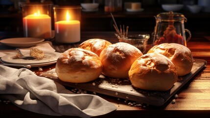 Table with a tray with freshly baked bread, a candle in the background, a cup and spoon and a napkin.