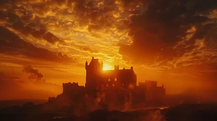 Raamstickers Dramatic sunrise, castle silhouette, swirling clouds © MuhammadInaam
