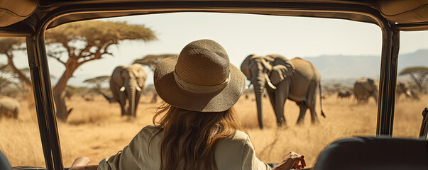 Woman from rear view on safari travell or elephant watching from off road car.