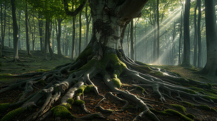 Mighty roots of a majestic old beech tree, AI Generative. - obrazy, fototapety, plakaty