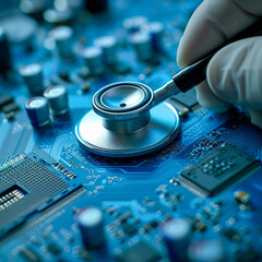 An engineer wearing a smart stethoscope while examining semiconductor chips on a CPU, the device pinpointing issues through sound analysis