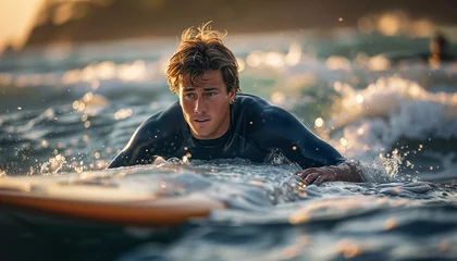 Abwaschbare Fototapete Portrait of handsome young man dressed wetsuit paddling on long surfboard on waves. Happy childhood and active vacation time, active people, and extreme sport concept on the ocean coast surfing spot. © Train arrival