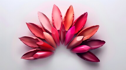 An innovative display of lipstick swatches, each forming a delicate petal, coming together to create a beautiful, blooming flower on a white background.